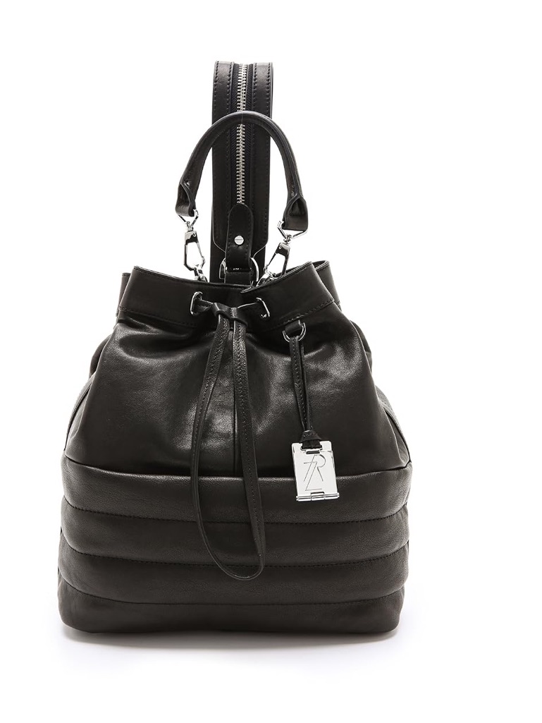 Black Leather Drawstring Backpack Tote - Women